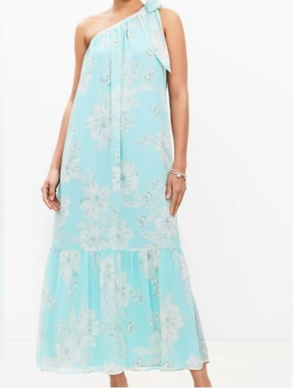LOFT Women’s Size S Aqua Floral One Shoulder Tiered Midi Maxi Dress NWT